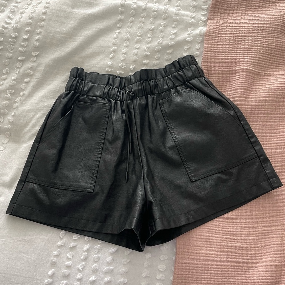 High Waisted Wide Leg Black Faux Leather Shorts